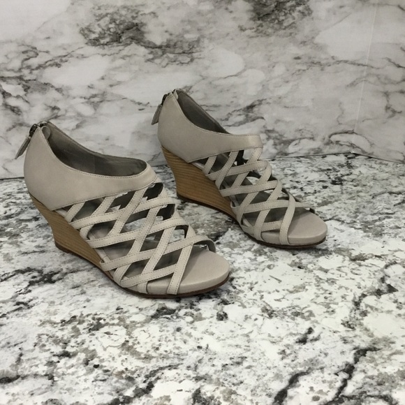 Eileen Fisher Cage Strap Lattice Leather Gray Wood Wedge Sandal - Picture 4 of 12